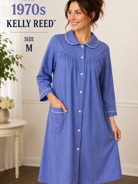 Vintage Kelly Reed Periwinkle Blue Snap Front Housecoat Robe M